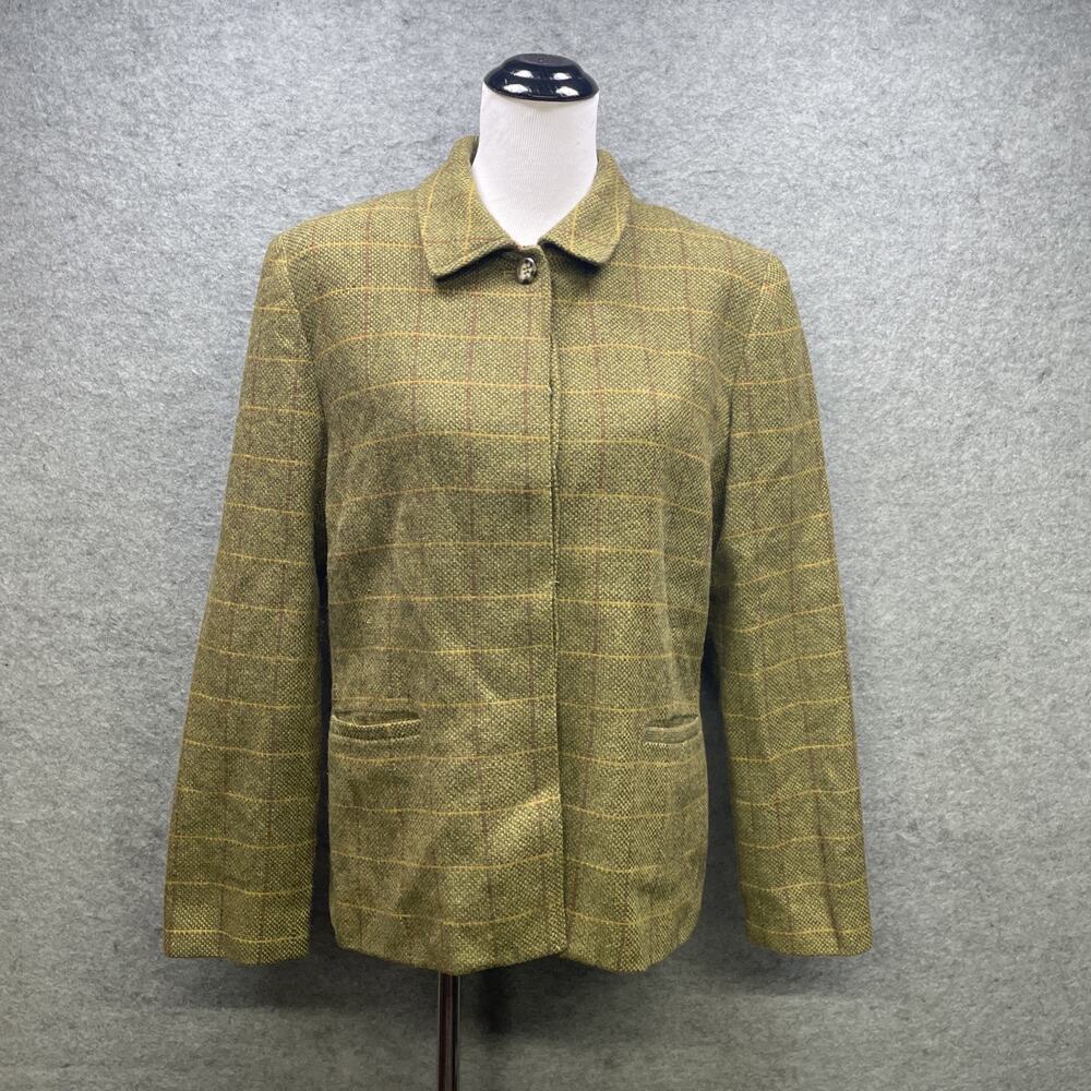 Vtg Ann Taylor Wool Blend Windowpane Jacket Blazer Womens 12 Green Plaid Classic